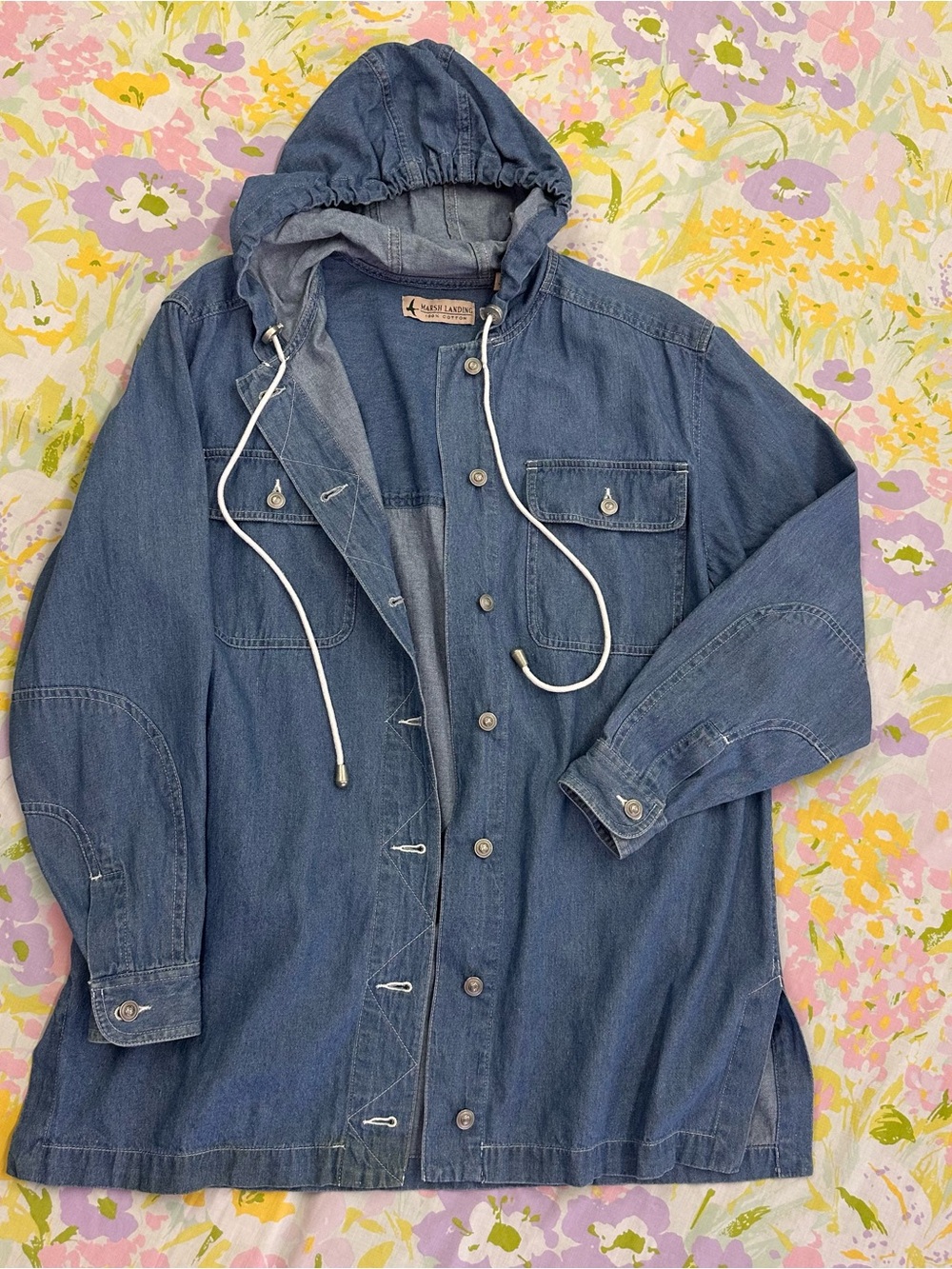 Vintage Marsh Landing Denim Hooded Utility Jacket Cotton Blue Size M